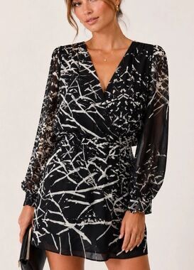 Parker Lila 100% Silk Long Sleeve Mini Dress Women Sz XS Patterned Black N White
